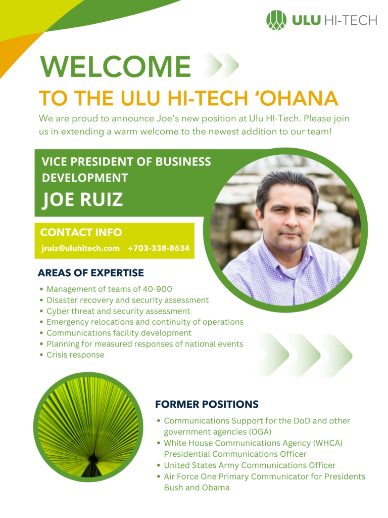 Graphic announcing Joe Ruiz as VP of Business Development for Ulu HI-Tech listing his areas of expertise and former positions. 